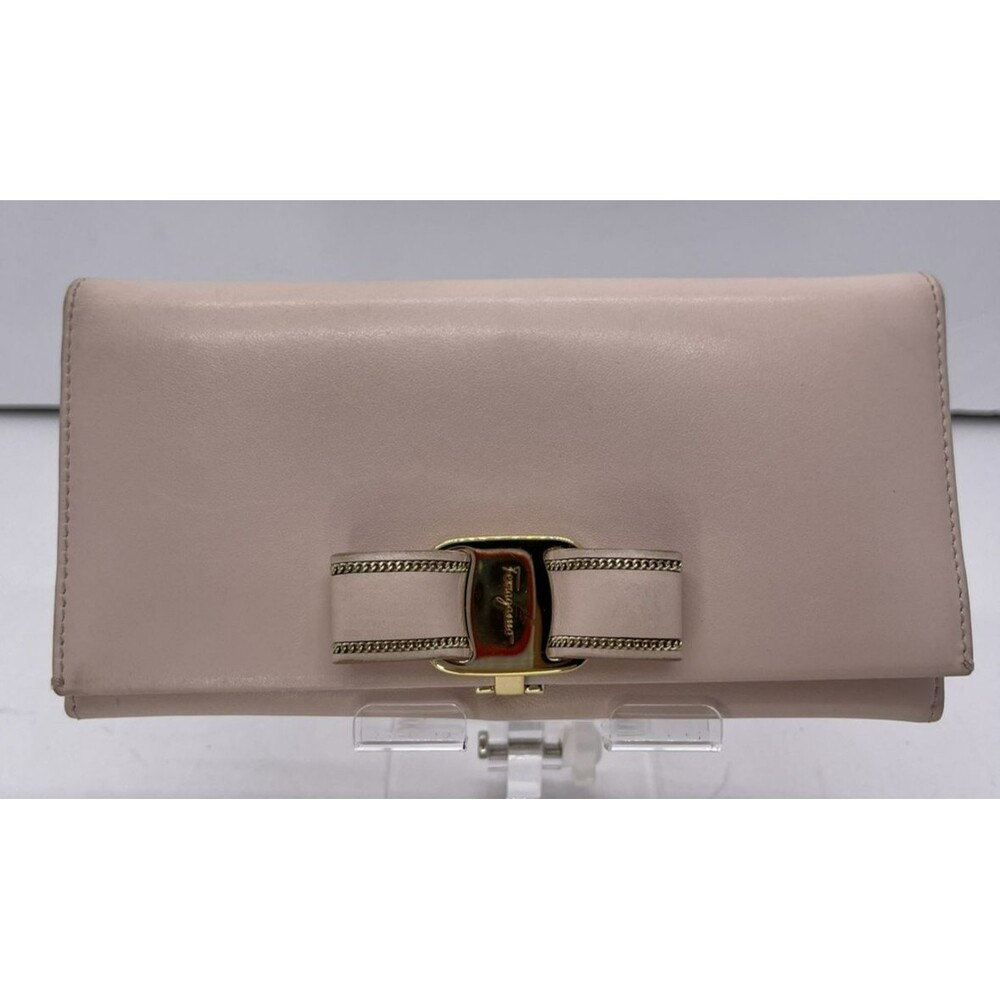Salvatore Ferragamo Vara Ribbon Leather Long Bifold Wallet Pink Made in Italy